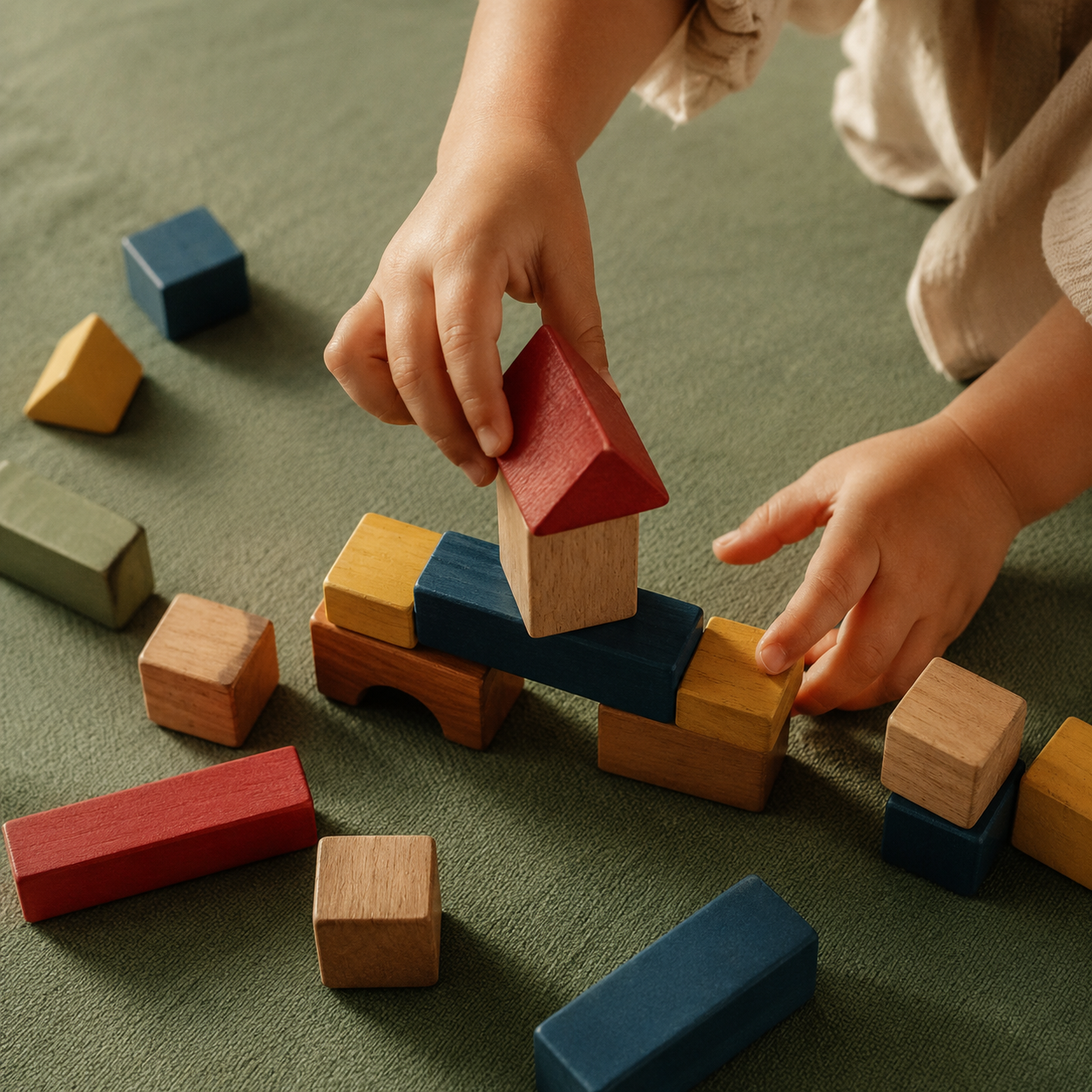 A child building with wooden blocks during a play-based session